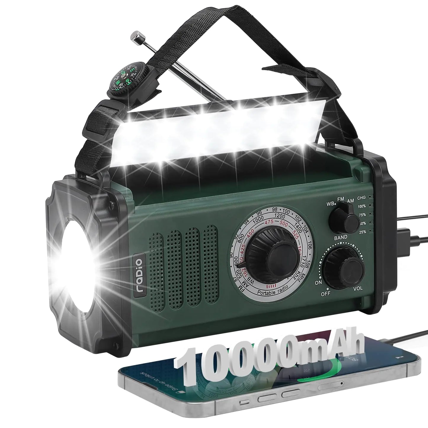 ALIESTFDNO 10000mAh/37000mWh Emergency Survival Weather Radio with Flashlight Portable Hand Crank Emergency Radio Solar AM/FM NOAA Radio with Type-C Charging Powered Radio for Phone Charging